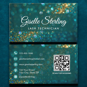Luxury Teal Gold Glitter Lash Tech QR Code Business Card