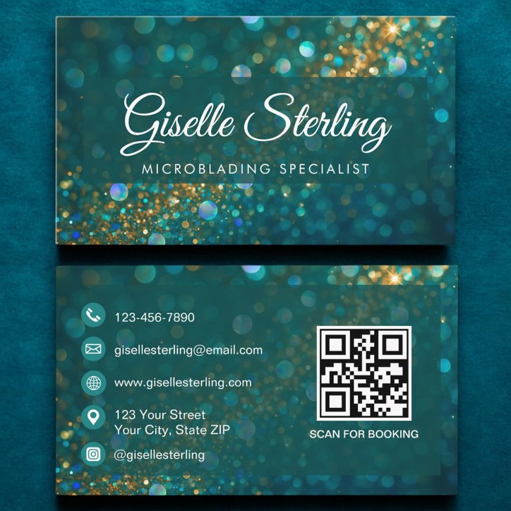 Luxury Teal Gold Glitter Microblading QR Code Business Card
