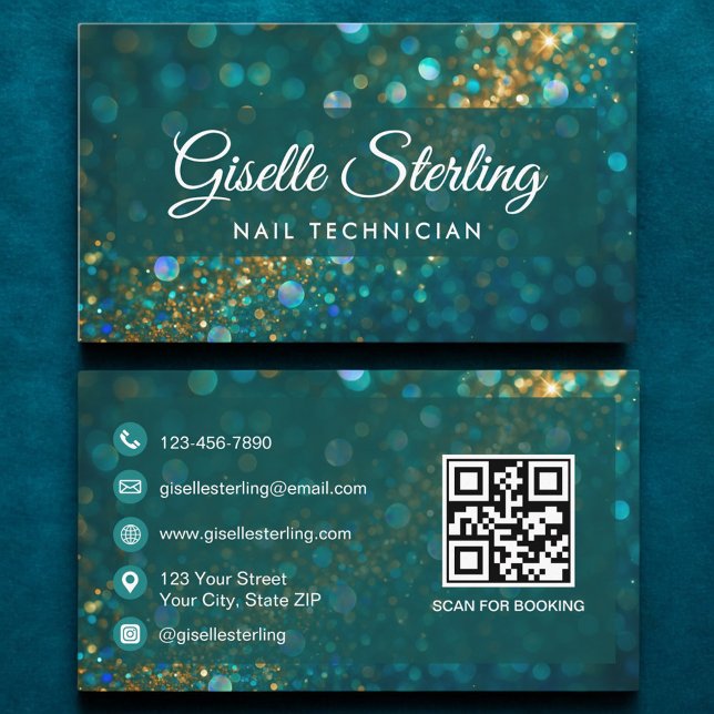 Luxury Teal Gold Glitter Nail Technician QR Code Business Card (Creator Uploaded)