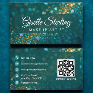Luxury Teal Gold Glitter Opal Makeup Artist QR Cod Business Card