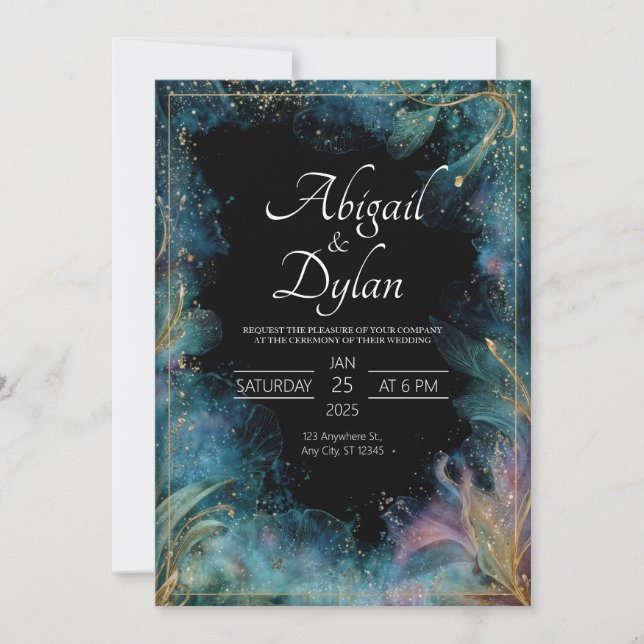 Luxury Teal Gold Leaf Celestial Frame Wedding Invitation (Front)