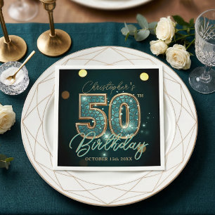 Luxury Teal Gold Mosaic 50th Birthday Party Napkins