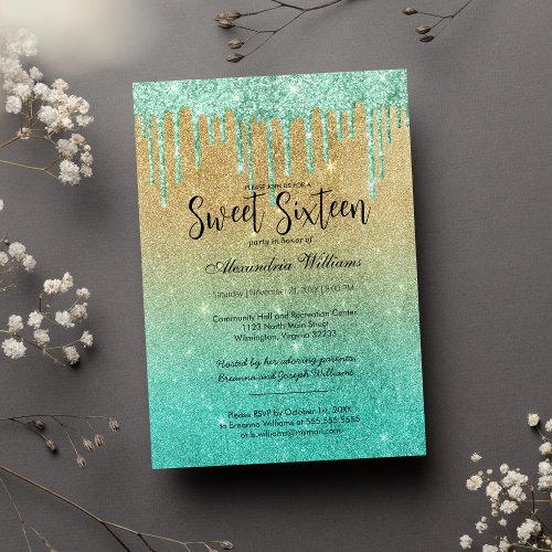 Luxury teal gold ombre glitter drips Sweet 16  Invitation