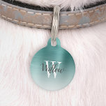 Luxury Teal Green Ombre Brushed Metal Monogram Pet ID Tag<br><div class="desc">Treat your pet to a touch of glamour with this chic I.D. tag, featuring their name in elegant modern charcoal gray calligraphy script over a white serif monogram initial, on a background of ombre teal green faux brushed metal. Customize the reverse with your phone number or text of your choice...</div>