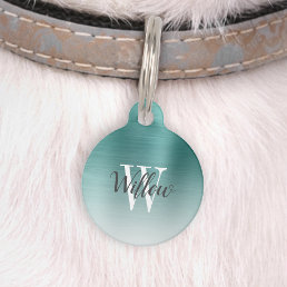 Luxury Teal Green Ombre Brushed Metal Monogram Pet ID Tag