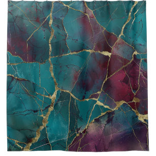 Luxury Teal Magenta Kintsugi Marble Gold Shower Curtain