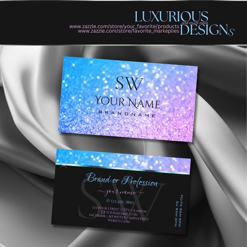Luxury Teal Purple Glitter Luminous Stars Monogram Business Card