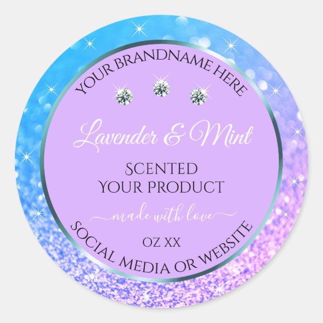 Luxury Teal Purple Glitter Product Labels Diamonds (Front)