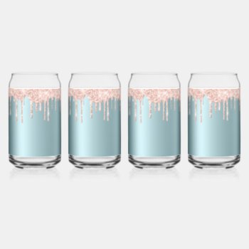 Luxury Teal Rose Gold Glitter Drips Drinkware Set Can Glass by kicksdesign at Zazzle