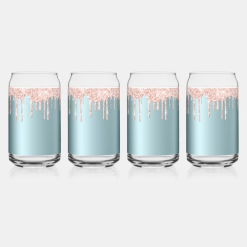 Luxury teal rose gold glitter drips Drinkware Set Can Glass