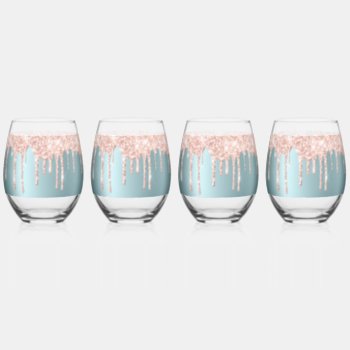 Luxury Teal Rose Gold Glitter Drips Drinkware Set Stemless Wine Glass by kicksdesign at Zazzle