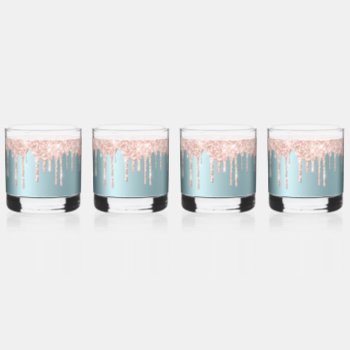Luxury Teal Rose Gold Glitter Drips Drinkware Set Whiskey Glass by kicksdesign at Zazzle