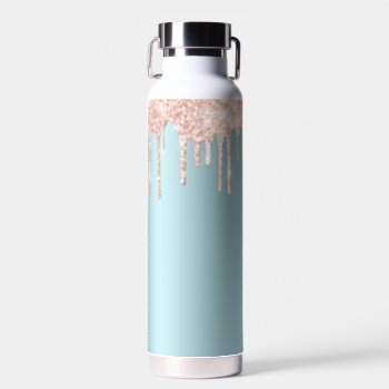 Luxury Teal Rose Gold Glitter Drips Water Bottle by kicksdesign at Zazzle
