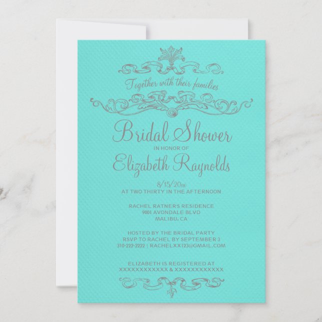 Luxury Teal & Silver Bridal Shower Invitations (Front)