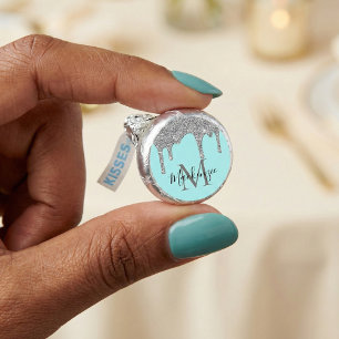 Luxury Teal Silver Dripping Glitter Monogram Hershey®'s Kisses®