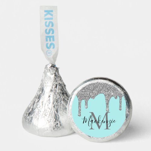 Luxury Teal Silver Dripping Glitter Monogram Hersheys Kisses