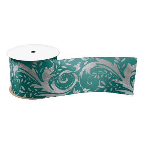 Luxury Teal Silver Foil Ornate Floral Pattern Satin Ribbon