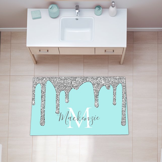 Luxury Teal Silver Glitter Drips Monogram Rug (Teal Silver Sparkle Dripping Glitter Monogram Rug)