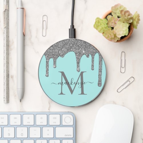 Luxury Teal Silver Glitter Drips Sparkle Monogram Wireless Charger