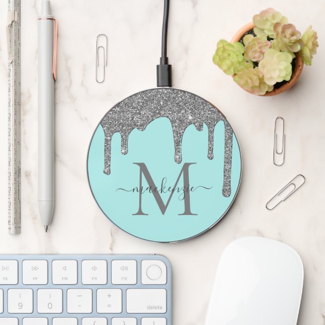Luxury Teal Silver Glitter Drips Sparkle Monogram Wireless Charger (Desk)