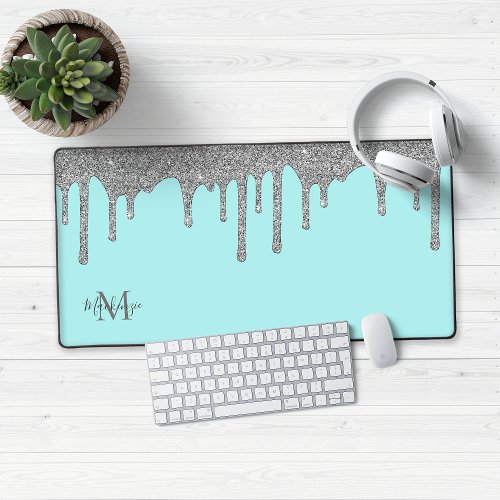 Luxury Teal Silver Sparkle Glitter Drips Monogram Desk Mat