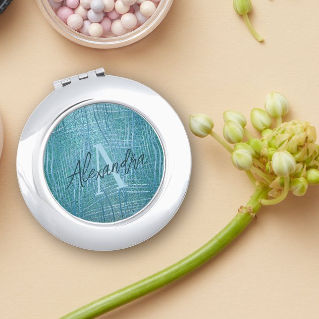 Luxury Teal Turquoise Metallic Glitter Monogram Compact Mirror (Creator Uploaded)