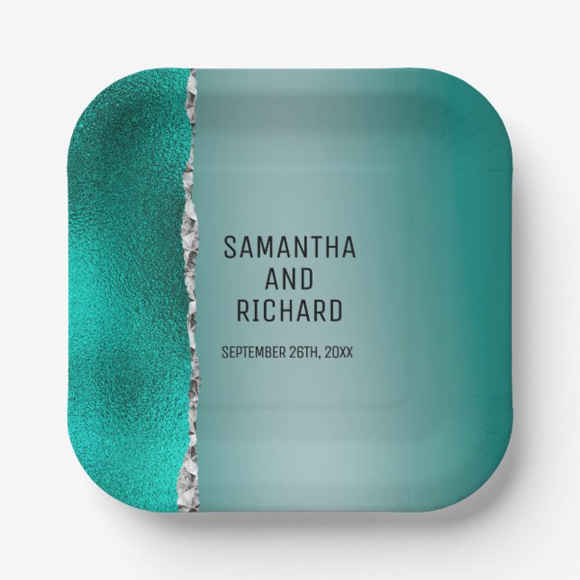 Luxury Teal Turquoise Silver Glitter Paper Plates (Front)