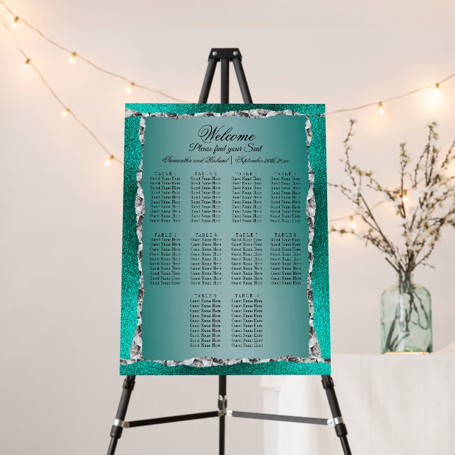 Luxury Teal Turquoise Silver Glitter Seating Chart Foam Board (In Situ (Stand))