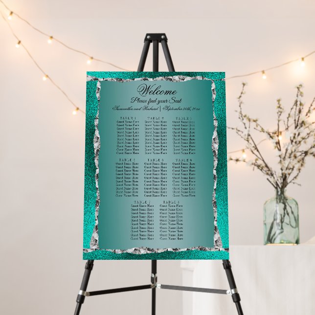 Luxury Teal Turquoise Silver Glitter Seating Chart Foam Board (In Situ (Stand))