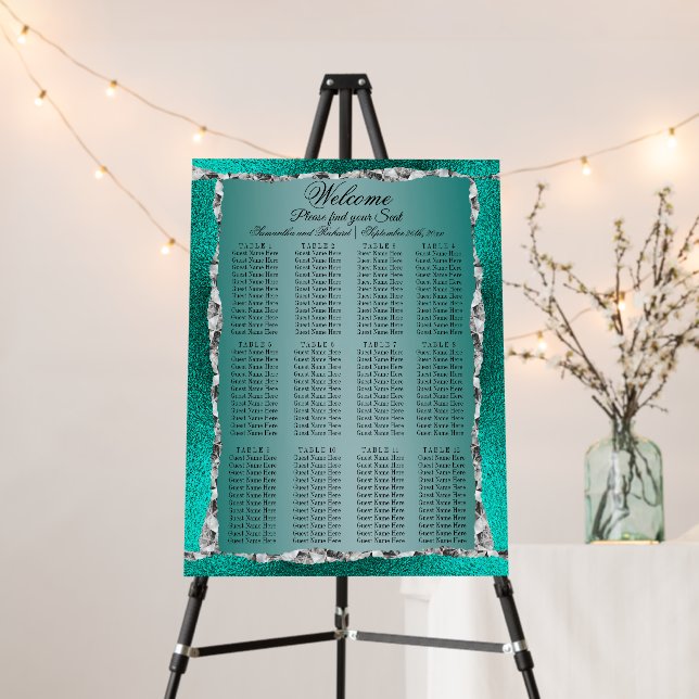 Luxury Teal Turquoise Silver Glitter Seating Chart Foam Board (In Situ (Stand))