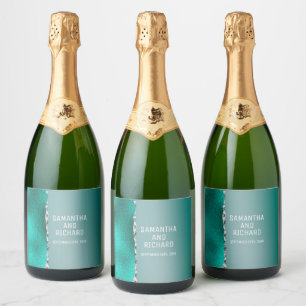 Luxury Teal Turquoise Silver Glitter Sparkling Wine Label