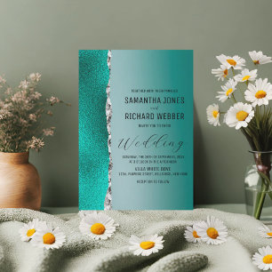 Luxury Teal Turquoise Silver Glitter Wedding Invitation