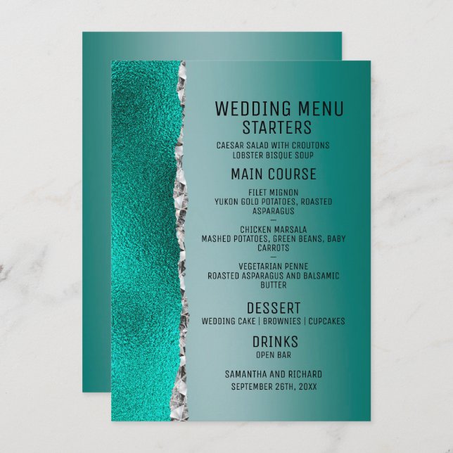 Luxury Teal Turquoise Silver Glitter Wedding Menu (Front/Back)