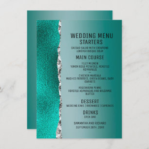 Luxury Teal Turquoise Silver Glitter Wedding Menu