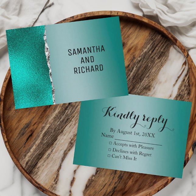 Luxury Teal Turquoise Silver Glitter Wedding RSVP Card (Creator Uploaded)