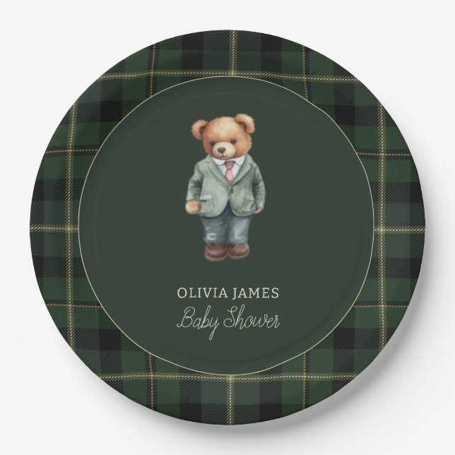 Luxury teddy bear baby shower paper plates (Front)