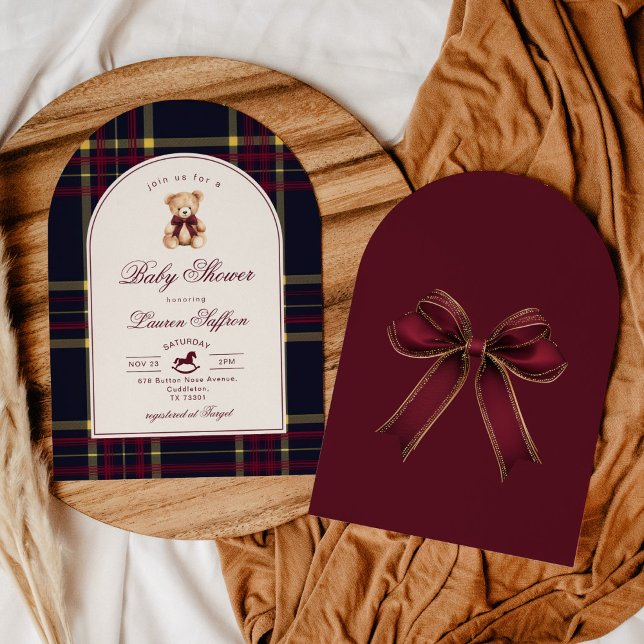 Luxury Teddy Bear Wine Red plaid Arch Baby shower Invitation (Creator Uploaded)