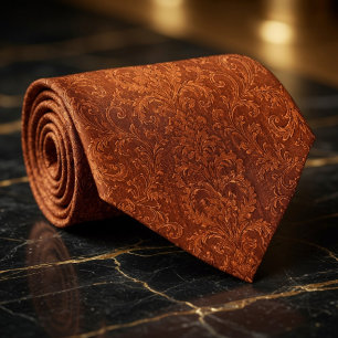 Luxury Terracotta Burnt Orange Baroque Floral Neck Tie