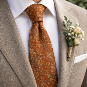 Luxury Terracotta Rust Baroque Damask Floral Neck Tie