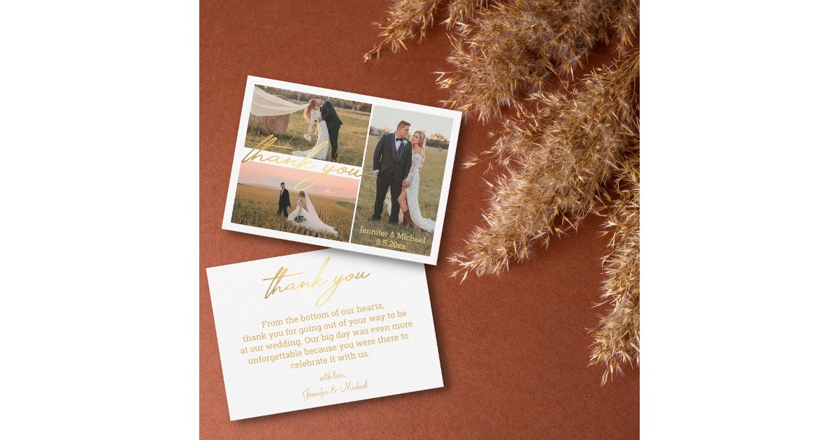 luxury thank you 3 photos wedding collage golden note card | Zazzle