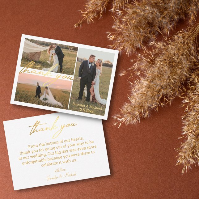 luxury thank you 3 photos wedding collage golden  note card (Creator Uploaded)