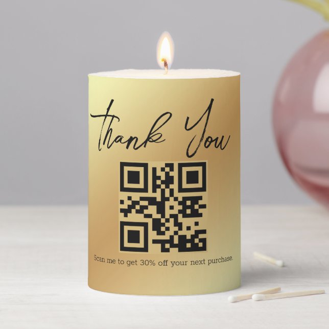 luxury thank you business qr code gold metallic pillar candle (In Situ)