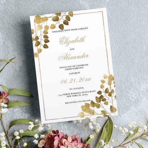 Luxury traditional white gold eucalyptus wedding invitation