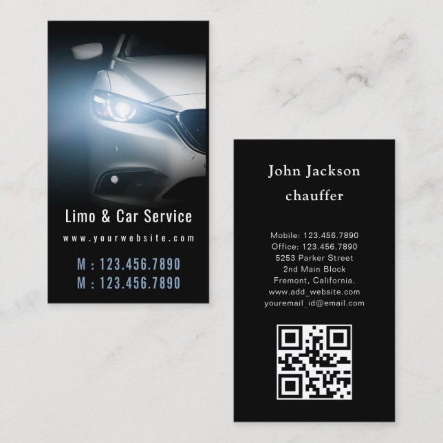 Luxury Transport Car QR Code Blue & Black Business Card (Front/Back)