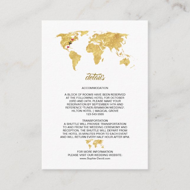 Luxury Travel World Map Wedding Details Enclosure Card (Front)