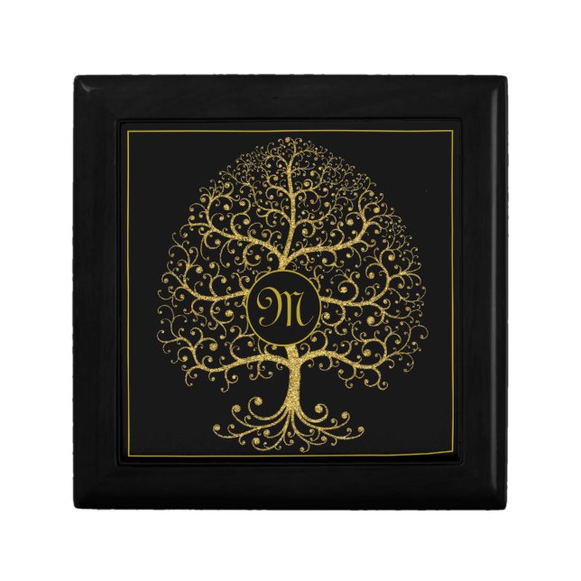 Luxury Tree of Life Gold Black Modern Monogram Gift Box (Front)