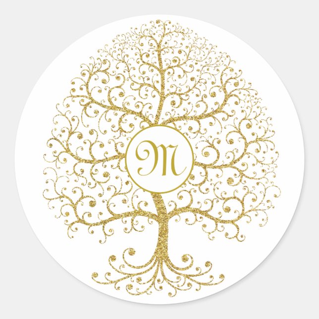 Luxury Tree of Life Gold Modern Monogram Classic Round Sticker (Front)