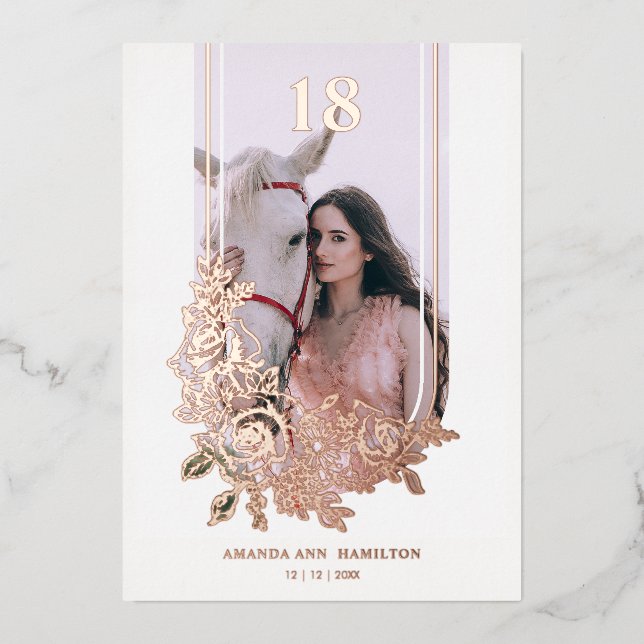 Luxury Trendy Floral Birthday Party Photo Foil Invitation (Front)