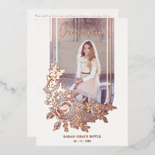 Luxury Trendy Floral My First Holy Communion Photo Foil Invitation