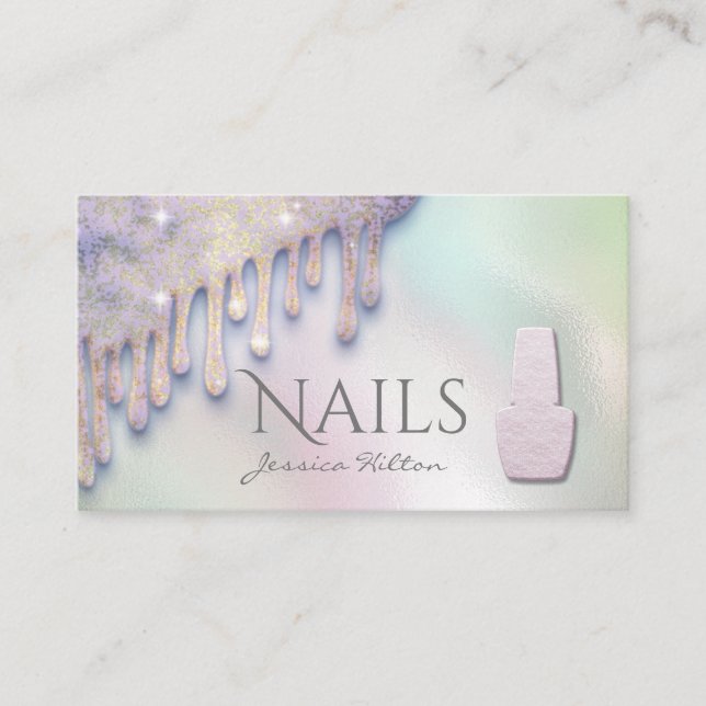 Luxury trendy holographic drips Nail salon Business Card (Front)